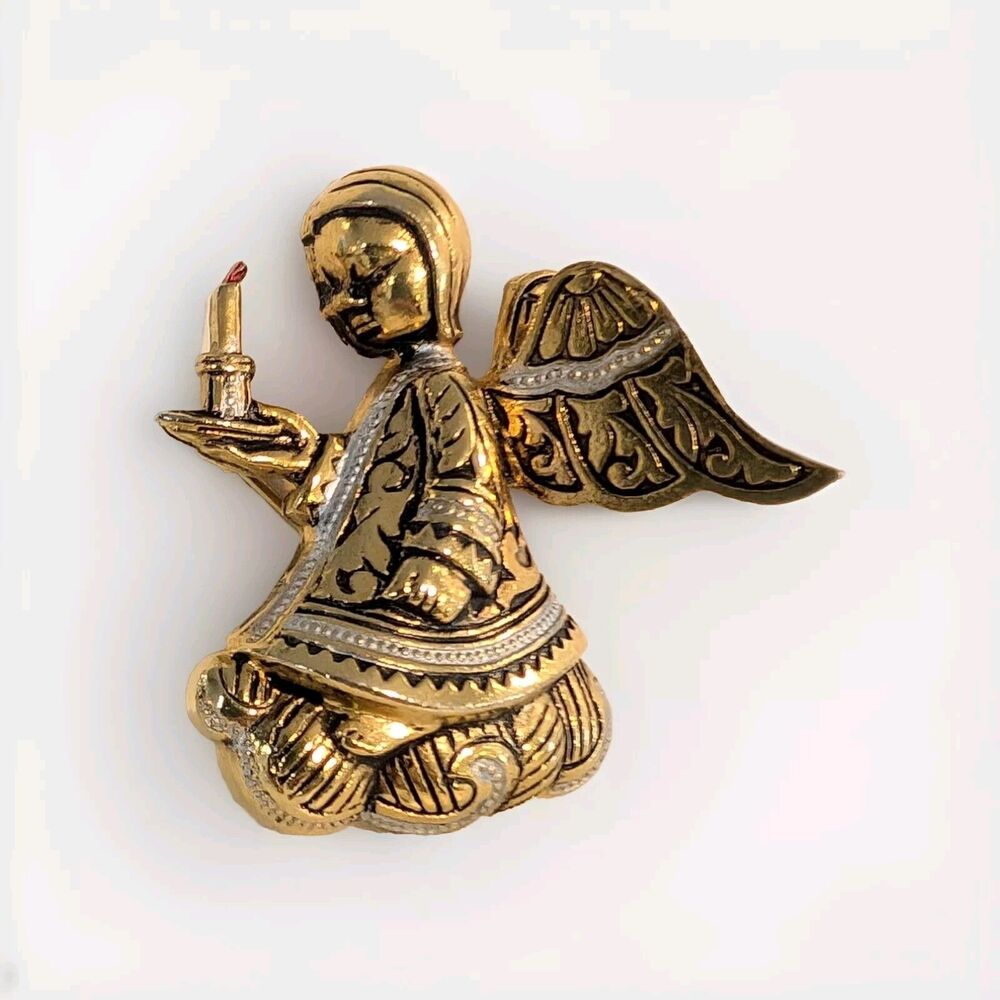 Vintage Damascene Angel Brooch Pin 3D Gold Silver Tone Candle